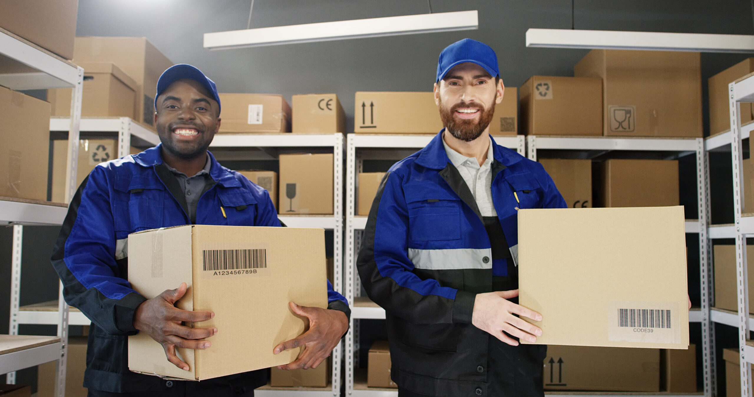 Two smiling movers Newark NJ wearing blue and black uniforms holding cardboard boxes in a warehouse filled with stacked packages on metal shelves.