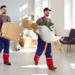 Two uniformed movers carrying household items through a bright, modern living room. The mover in front is holding a chair wrapped in protective plastic while also balancing a potted plant, and the mover behind is carrying a large cardboard box. Sunlight streams through large windows, illuminating packed boxes, a sofa, and other furniture around them.